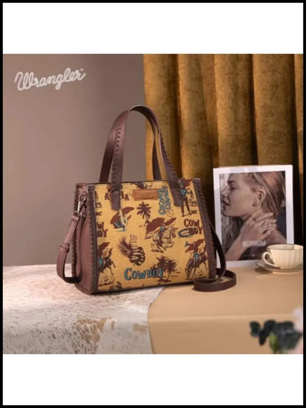 Canvas & Synthetic Leather Tote Bag with Crossbody Strap Wrangler Western